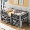 Twin Size Low Loft Bed with Two Movable Shelves and Ladder; with Decorative Guardrail Chalkboard; Gray