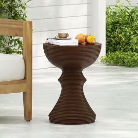 16" Ribbed Brown Concrete Outdoor Side Table with Hourglass Design â€“ Weather-Resistant Accent for Patio, Garden, or Balcony