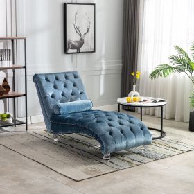 COOMORE Velvet Chaise Lounge Indoor,Button-Tufted Upholstered Chaise Lounge Chair with Pillow for Bedroom Living Room Office (Light Blue Velvet)