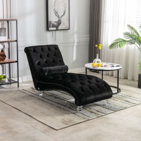 COOMORE Velvet Chaise Lounge Indoor,Button-Tufted Upholstered Chaise Lounge Chair with Pillow for Bedroom Living Room Office (Black Velvet)