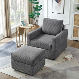 Classic Corduroy Chaise Lounge, Comfy Sofa Chaise Couch Chair, Upholstered Accent Chair with Ottoman for Living Room -GREY