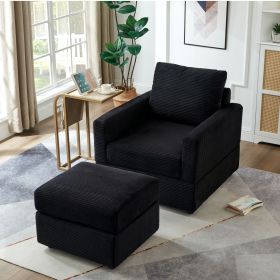 Classic Corduroy Chaise Lounge, Comfy Sofa Chaise Couch Chair, Upholstered Accent Chair with Ottoman for Living Room - Black