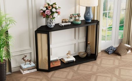 TREXM Unique Arrow-Shaped Design Console Table with Open Shelf and Rattan Side for Living Room and Entrance (Black)