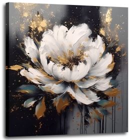 Peony Flower Canvas Wall Art for Bedroom Modern White Blossom Framed Artwork Floral Picture Wall Decor Gold Foil Painting Prints on Canvas for Bathroo