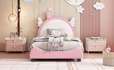 Cute Twin size Upholstered Bed With Unicorn Shape Headboard,Twin Size Platform Bed with Headboard and Footboard,White+Pink