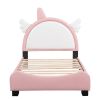 Cute Twin size Upholstered Bed With Unicorn Shape Headboard,Twin Size Platform Bed with Headboard and Footboard,White+Pink