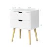 Side Table with 2 Drawer and Rubber Wood Legs; Mid-Century Modern Storage Cabinet for Bedroom Living Room Furniture; White