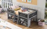 Twin Size Low Loft Bed with Two Movable Shelves and Ladder; with Decorative Guardrail Chalkboard; Gray