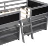 Twin Size Low Loft Bed with Two Movable Shelves and Ladder; with Decorative Guardrail Chalkboard; Gray