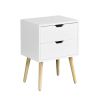 Side Table with 2 Drawer and Rubber Wood Legs; Mid-Century Modern Storage Cabinet for Bedroom Living Room Furniture; White