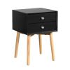 Side Table with 2 Drawer and Rubber Wood Legs; Mid-Century Modern Storage Cabinet for Bedroom Living Room Furniture; Black