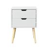 Side Table with 2 Drawer and Rubber Wood Legs; Mid-Century Modern Storage Cabinet for Bedroom Living Room Furniture; White