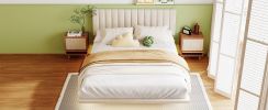 Queen Size Upholstered Bed with LED lights and Headboard, Floating Velvet Platform Bed, Beige