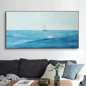 Large Blue Abstract Nautical Oil Painting on Canvas Minimalist Ocean Landscape Painting Blue and white Ocean Sky Art Living Room Wall Decor (Style: 01, size: 70x140cm)