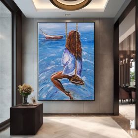 Girl On Ocean Swing Wall Decor Beach Swing Canvas Art A girl on a swing Ocean and girl oil painting on canvas (Style: 01, size: 100X150cm)
