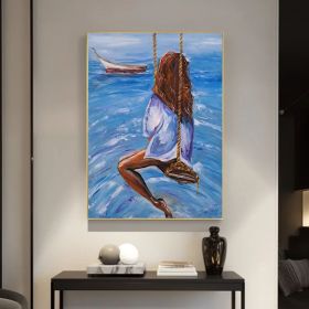 Girl On Ocean Swing Wall Decor Beach Swing Canvas Art A girl on a swing Ocean and girl oil painting on canvas (Style: 01, size: 60X90cm)