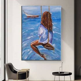 Girl On Ocean Swing Wall Decor Beach Swing Canvas Art A girl on a swing Ocean and girl oil painting on canvas (Style: 01, size: 70x100cm)