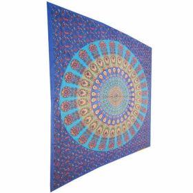 Vibrant Peacock Mandala Tapestry (Color-Material: Blue-Cotton, size: 90 x 80)