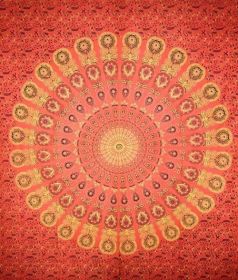 Vibrant Peacock Mandala Tapestry (Color-Material: Orange-Cotton, size: 90 x 80)