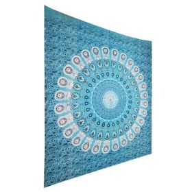Vibrant Peacock Mandala Tapestry (Color-Material: Grey-Cotton, size: 90 x 80)