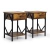 Set of 2 Nightstand Industrial End Table with Drawer; Storage Shelf and Metal Frame for Living Room; Bedroom; XH