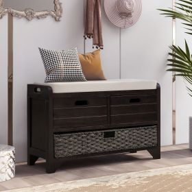 Storage Bench with Removable Basket and 2 Drawers,Fully Assembled Shoe Bench with Removable Cushion (Material: Solid Wood, Color: Espresso)