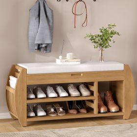 Retro Multifunctional Storage Bench with Cushion and Curved Side Panel for Entrance and Living Room (Material: MDF, Color: Natural)