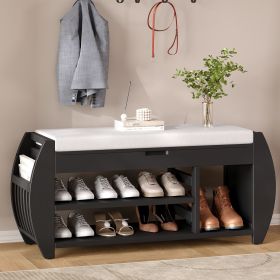 Retro Multifunctional Storage Bench with Cushion and Curved Side Panel for Entrance and Living Room (Material: MDF, Color: Black)