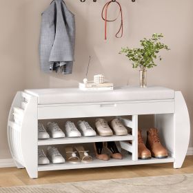 Retro Multifunctional Storage Bench with Cushion and Curved Side Panel for Entrance and Living Room (Material: MDF, Color: Antique White)