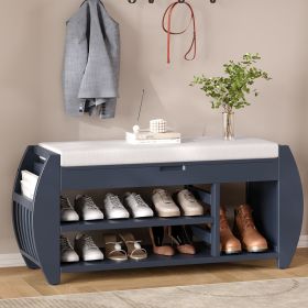 Retro Multifunctional Storage Bench with Cushion and Curved Side Panel for Entrance and Living Room (Material: MDF, Color: Antique Navy)