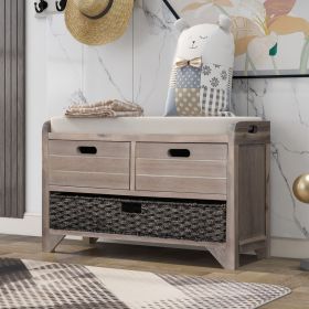 Storage Bench with Removable Basket and 2 Drawers,Fully Assembled Shoe Bench with Removable Cushion (Material: Solid Wood, Color: White Washed)
