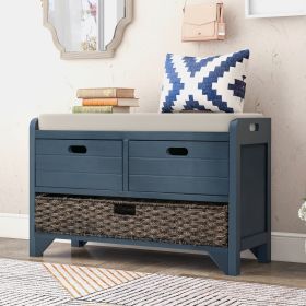 Storage Bench with Removable Basket and 2 Drawers,Fully Assembled Shoe Bench with Removable Cushion (Material: Solid Wood, Color: Navy)