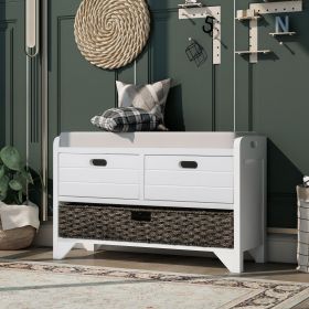 Storage Bench with Removable Basket and 2 Drawers,Fully Assembled Shoe Bench with Removable Cushion (Material: Solid Wood, Color: White)