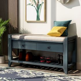 Shoe Rack with Cushioned Seat and Drawers,Multipurpose Entryway Storage Bench (Material: Solid Wood, Color: Antique Navy)