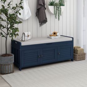 Storage Bench with 3 Shutter-shaped Doors,Shoe Bench with Removable Cushion and Hidden Storage Space (Material: MDF, Color: Antique Navy)