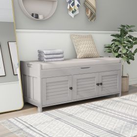 Storage Bench with 3 Shutter-shaped Doors,Shoe Bench with Removable Cushion and Hidden Storage Space (Material: MDF, Color: Gray Wash)