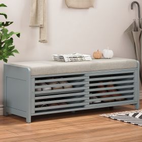 Distressed Shutter Storage Bench with Acacia Veneer for Retro Charm for Living Room,Entryway (Material: MDF, Color: Grey)