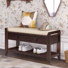 Shoe Rack with Cushioned Seat and Drawers,Multipurpose Entryway Storage Bench (Material: Solid Wood, Color: Espresso)