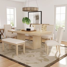 Contemporary 6-Pcs 78 inch Extendable Pedestal Dining Table Set with 18 inch Removable Leaf and Dining Bench, 4 Upholstered Dining Chairs (Material: Rubber Wood, Color: Natural+Beige)