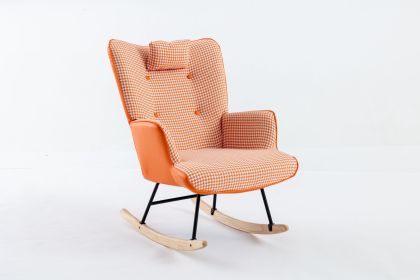 35.5 inch Rocking Chair, Soft Houndstooth Fabric Leather Fabric Rocking Chair for Nursery (Material: Cotton Linen, Color: Orange)