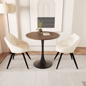 31.5 " walnut color MDF round dining table, tulip dining table, and 2 artificial leather decorative chairs with black metal legs (Color: Walnut+Beige)