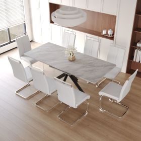62.4" extendable 78.15" dining Table Set for 6-8 Person for Dining Room (Color: Grey Top+White PU+Plating Leg+8IN1)