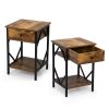 Set of 2 Nightstand Industrial End Table with Drawer; Storage Shelf and Metal Frame for Living Room; Bedroom; XH