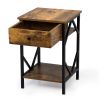 Set of 2 Nightstand Industrial End Table with Drawer; Storage Shelf and Metal Frame for Living Room; Bedroom; XH